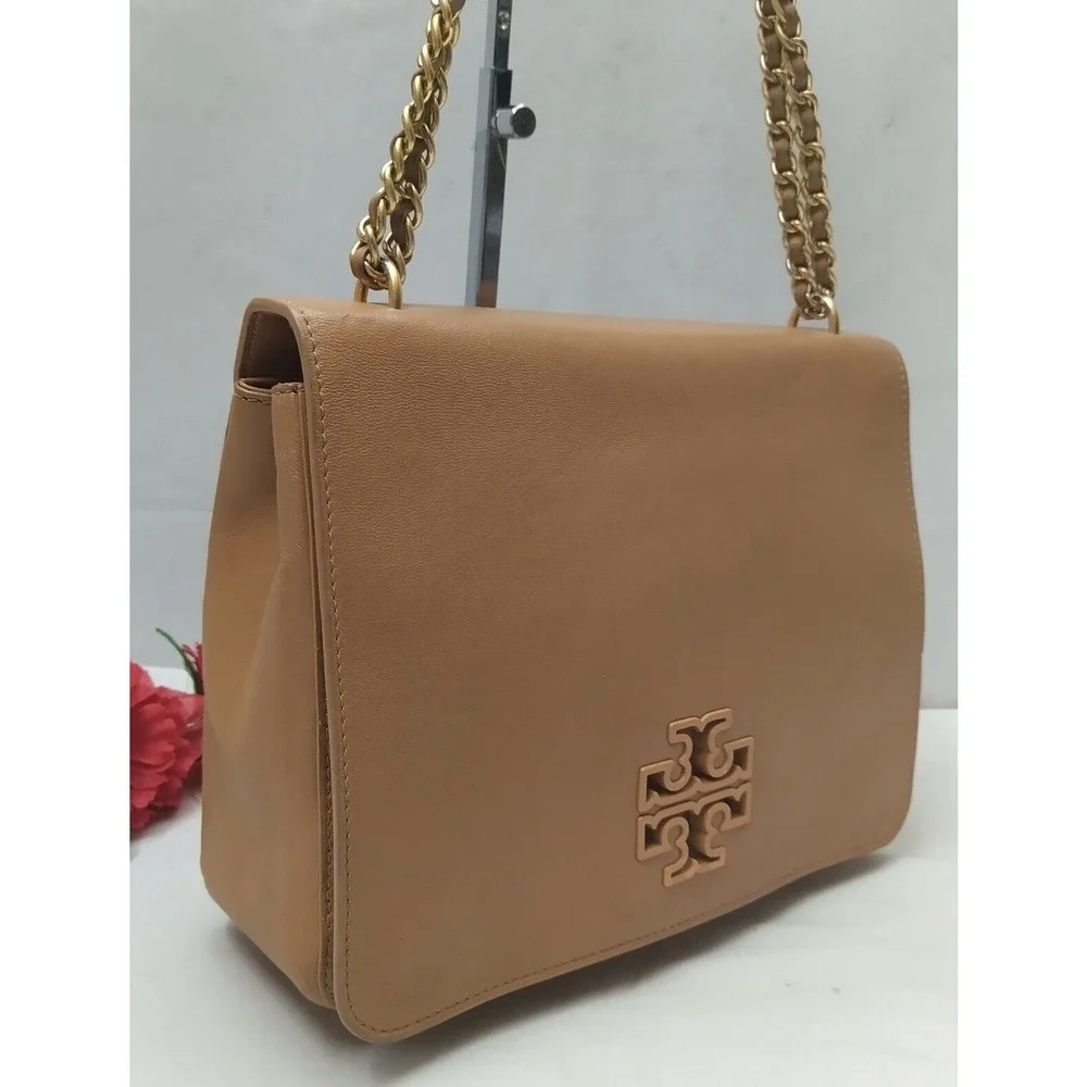 Tory Burch Tan Leather Block T Chain Strap Crossbody Shoulder Bag
